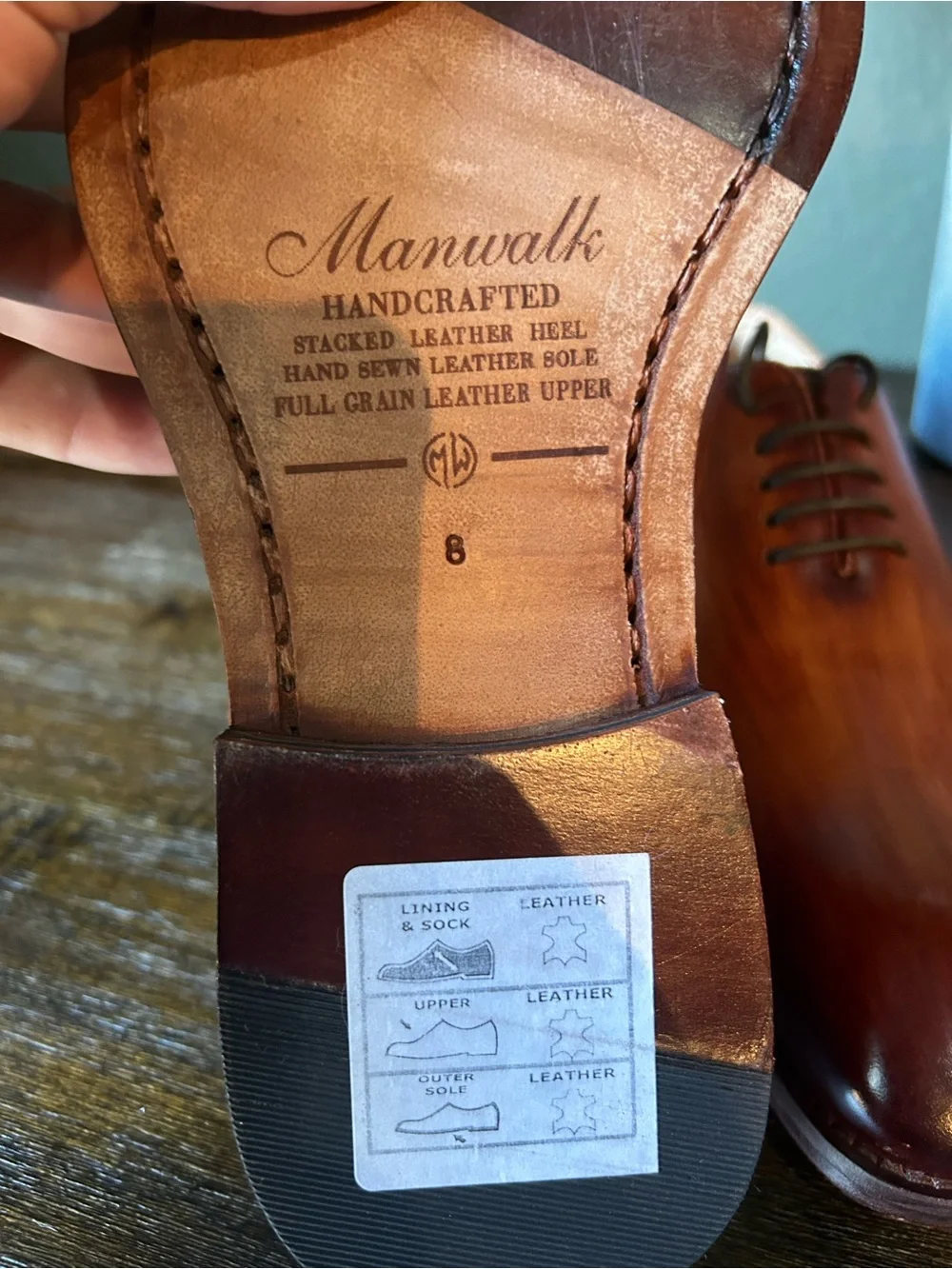 MANWALK Men’s whole-cut leather oxfords. Hand-painted in a cognac patina U.S. 8